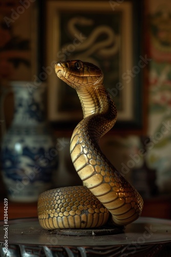 A statue of a snake on a table, suitable for various themes photo