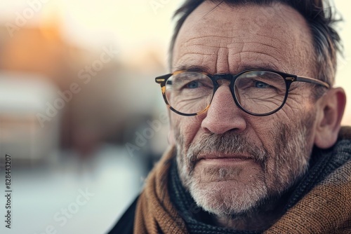 Close up of a man wearing glasses and a scarf, suitable for fashion or winter themed projects
