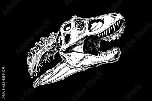 dinosaur with a bone, hand drawn woodcut engraving style vintage antique vector illustration 