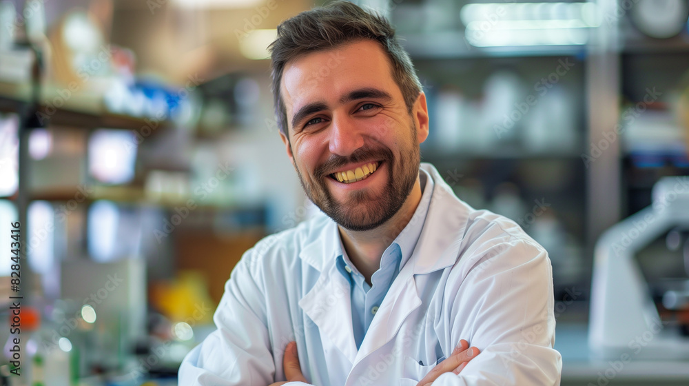 Fototapeta premium Smiling Male Scientist in Laboratory, Wearing Lab Coat, Scientific Research and Innovation