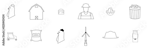 Set Of Farm Icons Web Header Banner Design Containing Container,Chicken,Farm,Straw-Hat,Soil Simple Black Style Symbol Sign For Apps And Website, Vector Illustration