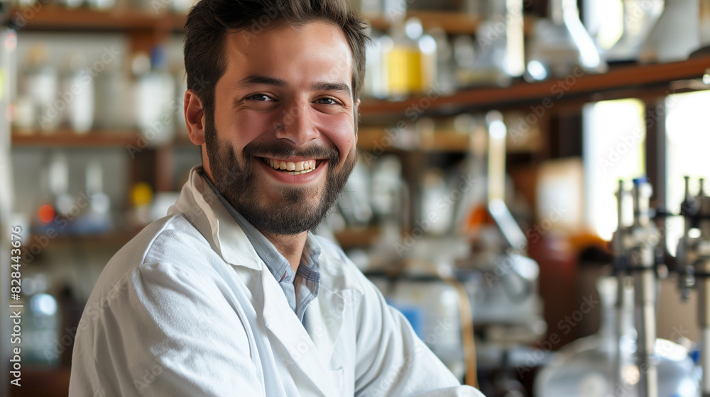 Fototapeta premium Smiling Male Scientist in Laboratory, Wearing Lab Coat, Scientific Research and Innovation