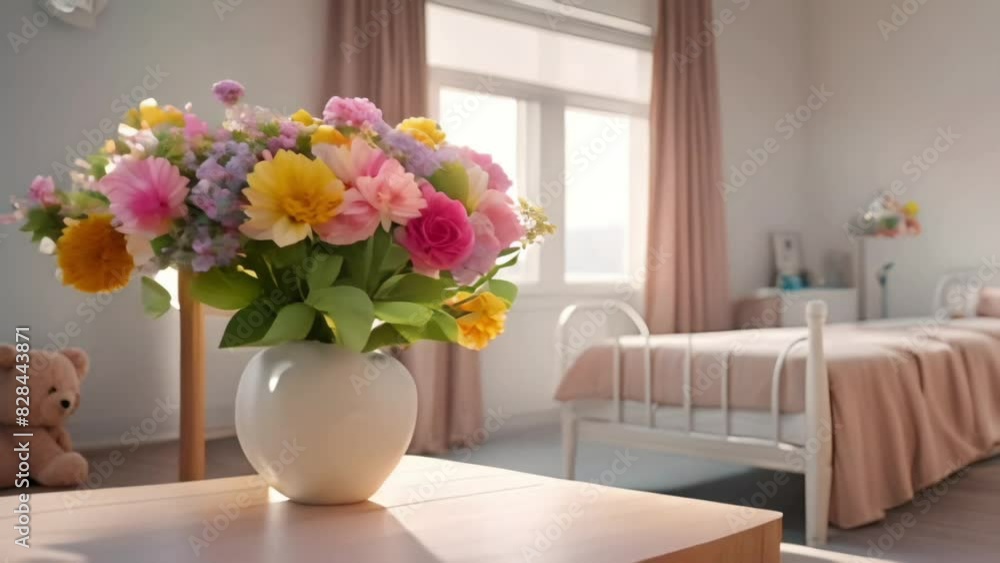 A teddy bear is sitting on a bed with a bouquet of flowers next to it A teddy bear is sitting on a bed with a bouquet of flowers next to it