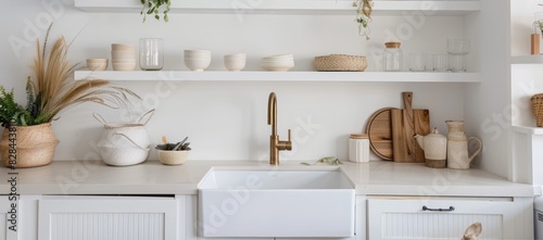 Minimalist white kitchen interior featuring a farmhouse sink