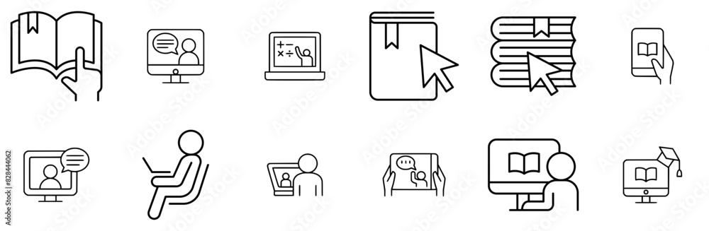 Set Of Linear Education Online Icons Web Header Banner Design Containing Online-Education,E-Book,Education,Knowledge,Online Set Vector Flat Line Icons Set Of Linear Education Online Icons Web Header Banner Design Containing Online-Education,E-Book,Education,Knowledge,Online Set Vector Flat Line Icons