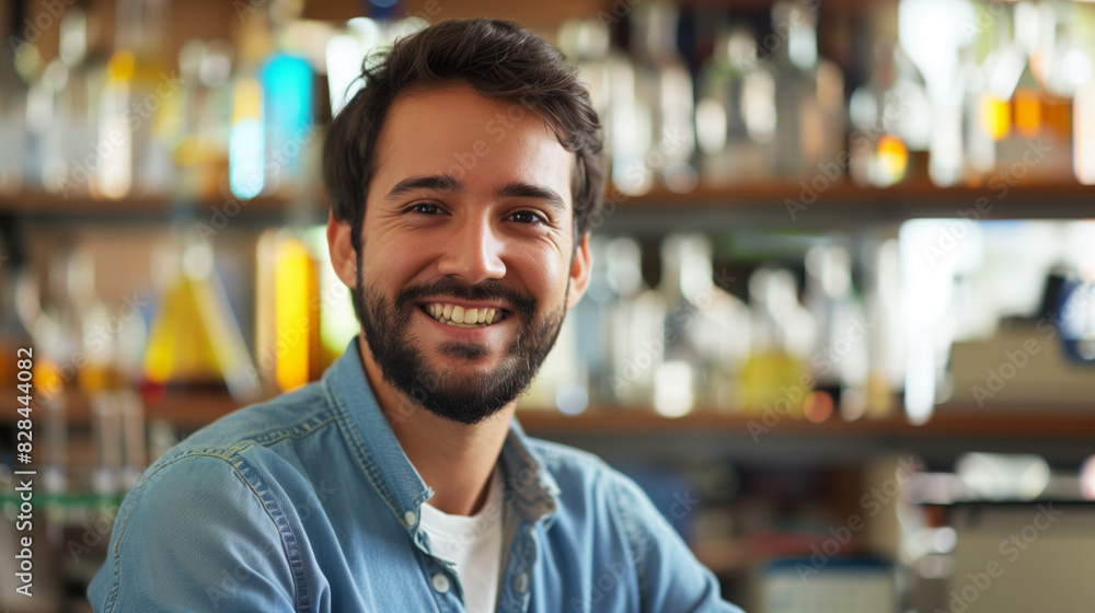 Smiling Male Scientist in Laboratory, Wearing Lab Coat, Scientific Research and Innovation Smiling Male Scientist in Laboratory, Wearing Lab Coat, Scientific Research and Innovation