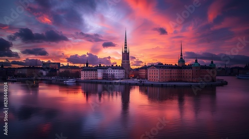 Sunset over Riddarholmen church in old town Stockholm city  Swed dusk  horizontal  photography  waterfront  tower  sweden  travel destinations  capital cities  church  famous place  old town  stockhol