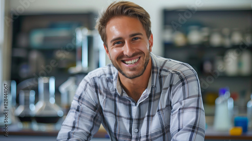 Smiling Male Scientist in Laboratory, Wearing Lab Coat, Scientific Research and Innovation © Diana Zelenko