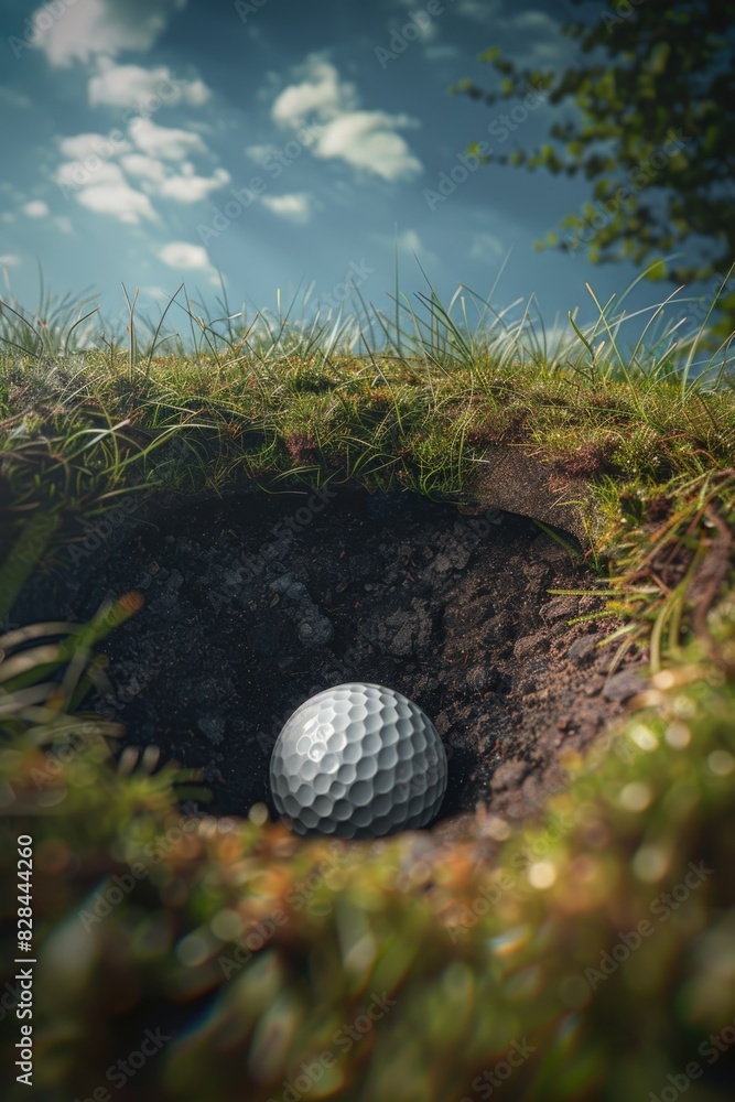 Golf ball sitting in a hole in the grass. Suitable for sports and outdoor activities Golf ball sitting in a hole in the grass. Suitable for sports and outdoor activities
