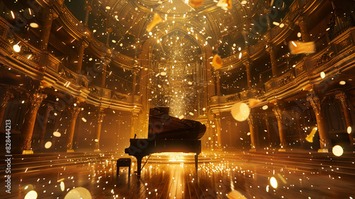 Wide angle, music hall, golden hall, with a piano in the center, flying instruments in the air, golden particles, and golden lines. 