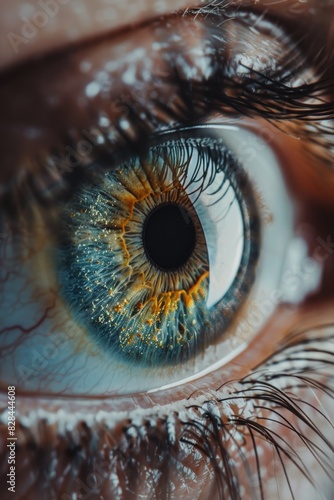 Detailed close up of a person's blue eye, suitable for medical or beauty concepts
