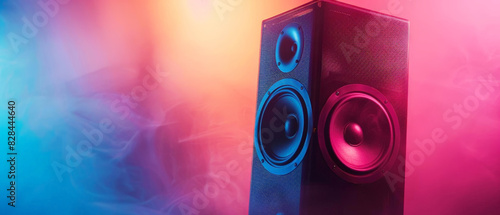 The image shows a black speaker with two speakers in a colorful mist, Blinking speaker, focus on, vibrant colors, Double exposure silhouette with audio photo