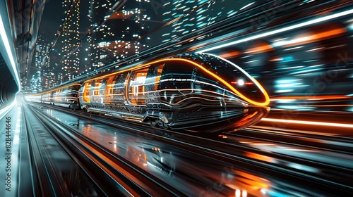 Futuristic black gold train at high speed, creating light trails, set against a backdrop of tech lines