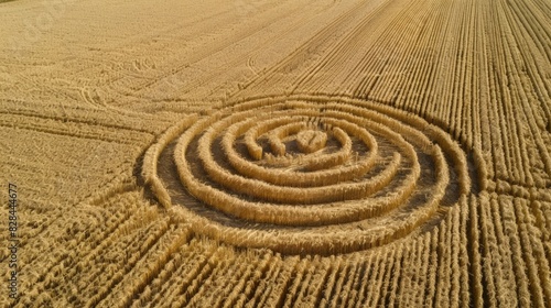 High drone view of a farmer's field with random crop circle pattern cut into the crop