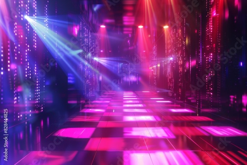 Brightly lit dance floor with lights and spotlights in a dark room, party background  photo