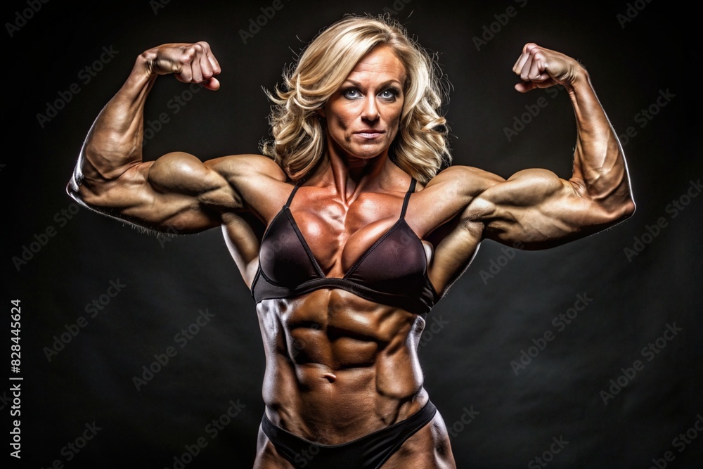 Obraz premium A woman with a muscular body is flexing her arm