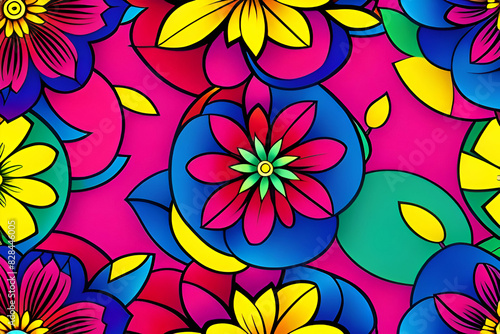 70s groovy seamless pattern with flowers. Colorful print with vintage cartoon hippie flowers  with smiling petals and a retro vibe.  Colorful psychedelic summer design vector illustration