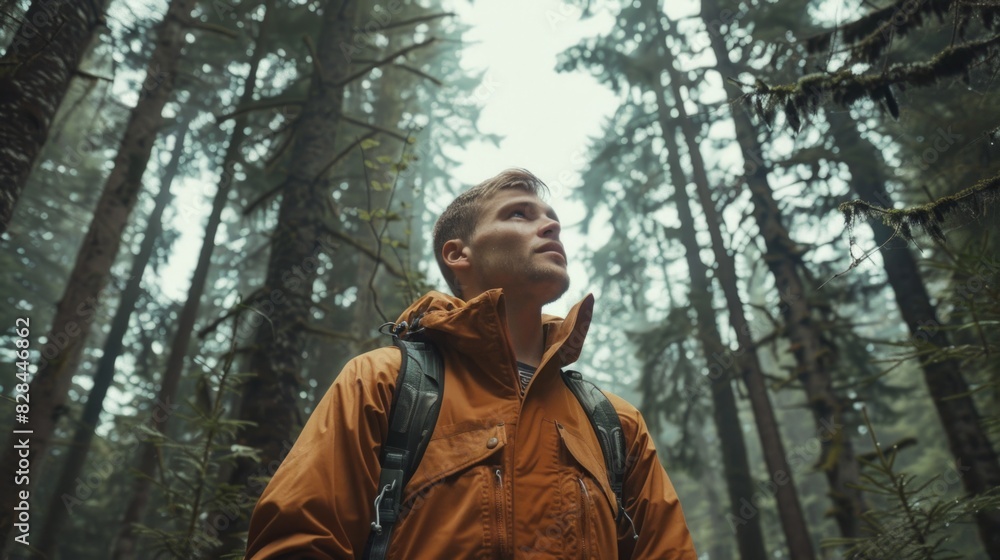 A man in an orange jacket standing in a forest. Suitable for outdoor and adventure themes