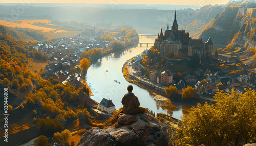 A man is sitting on a rock overlooking a river with a castle in the background photo