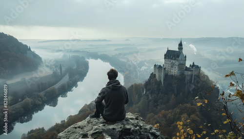 A man is sitting on a rock overlooking a river with a castle in the background photo