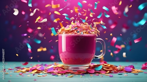 Happy Dispersed Drinking Confetti Ambience. Multicolored Party Composition with Fuchsia Colors. Children's Copy Happy Birthday Greeting Flat Poster Background. Template for Celebration Cup Card. drin photo