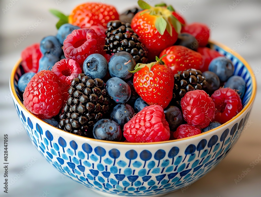 Fresh berries in a blue and white bowl. A healthy and delicious snack. Fresh berries in a blue and white bowl. A healthy and delicious snack.