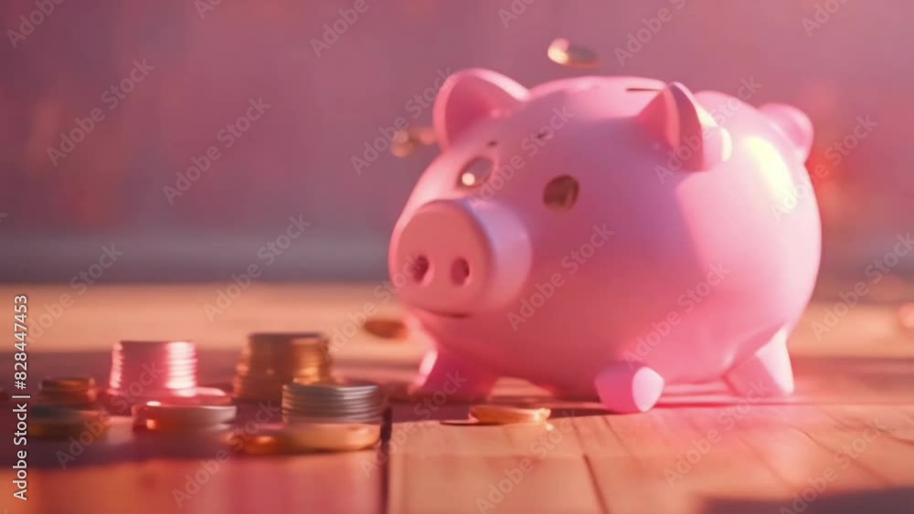 Piggy bank floating in the pool, save money for vacation concept, blur background Piggy bank floating in the pool, save money for vacation concept, blur background