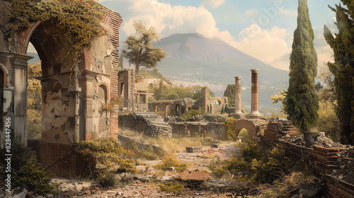 The image shows the ruins of an ancient city with a large volcano in the background.

 photo