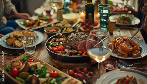 A large table is covered with a variety of food  including meat  vegetables
