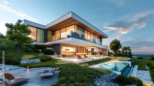 Modern Nordic house style on grass hill with pool and beautiful background, relaxation time, villa house concept, Architecture design for family, beautiful sweet home © Ziyan Yang