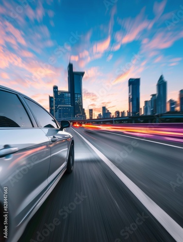 A silver car is driving on the highway, with city buildings in the distance and blurred motion blur behind it. The scene captures an urban landscape with skyscrapers against a blue sky at sunset. The 