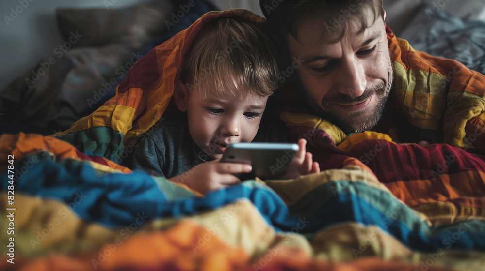 A man and a boy are laying on a bed with a cell phone in front of them A man and a boy are laying on a bed with a cell phone in front of them