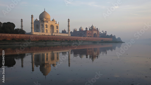 The image shows the Taj Mahal, a white marble mausoleum located in Agra, India. It is reflected in a river in front of it.

 photo