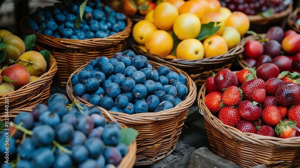Fresh, vibrant fruits in baskets at a market. Fresh, vibrant fruits in baskets at a market.