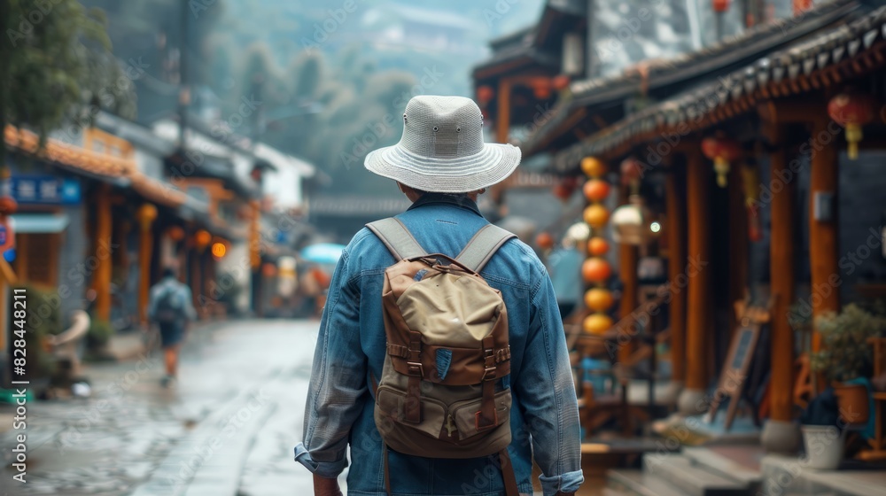 A man wearing a hat and a backpack is walking down a street in a foreign country