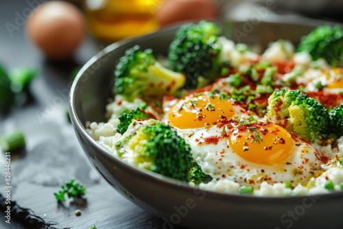 Fried eggs with yellow yolk and green broccoli in plate. Nutritious balanced meal for breakfast. Healthy food photo