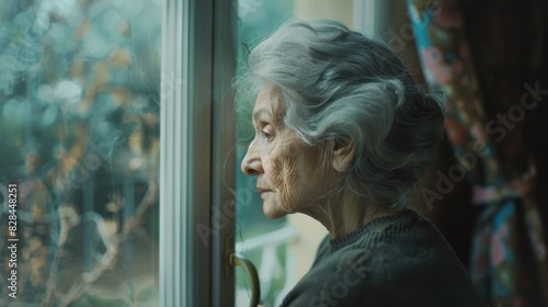 Senior woman gazing through window, suitable for retirement home brochure