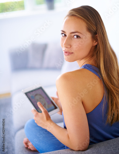 Portrait, home and woman with tablet, internet and website information with connection, relax and social media. Person, apartment and girl with technology, digital app and post with news and ebook Free Download Portrait, home and woman with tablet, internet and website information with connection, relax and social media. Person, apartment and girl with technology, digital app and post with news and ebook - GFXLoad