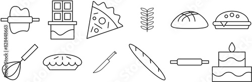 A Collection Of Bakery Outline Icons Icons Web Header Banner Design Containing Cake,Sweet,Bread,Pastry,Pizza Simple Black Style Symbol Sign For Apps And Website, Vector Illustration