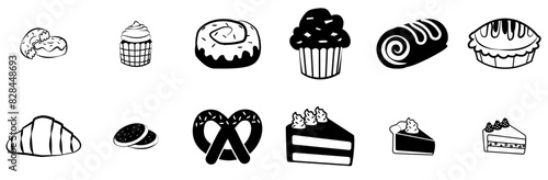 Set Of Linear Baked Goods Isolated Silhouette Solid Icons With Pastry,Baked-Goods,Bread,Sweets,Bakery Pictograms And Infographics Design Elements Vector Illustration