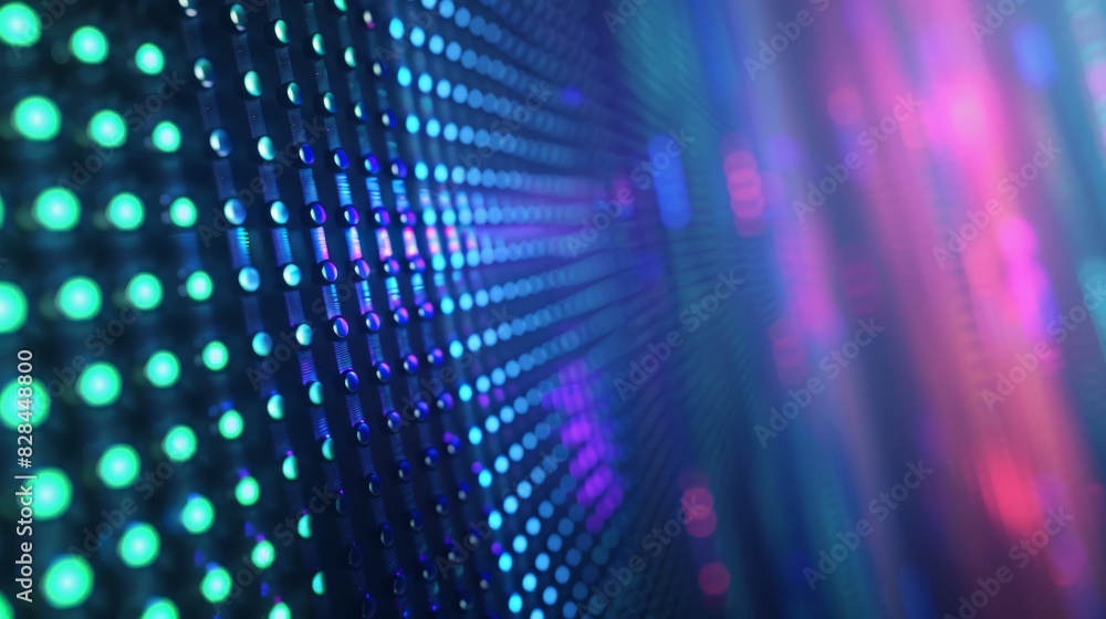 A closeup of the LED screen's surface, displaying colorful lights in an array of colors against a dark background. The light from each dot creates intricate patterns and shadows on its surroundings. T