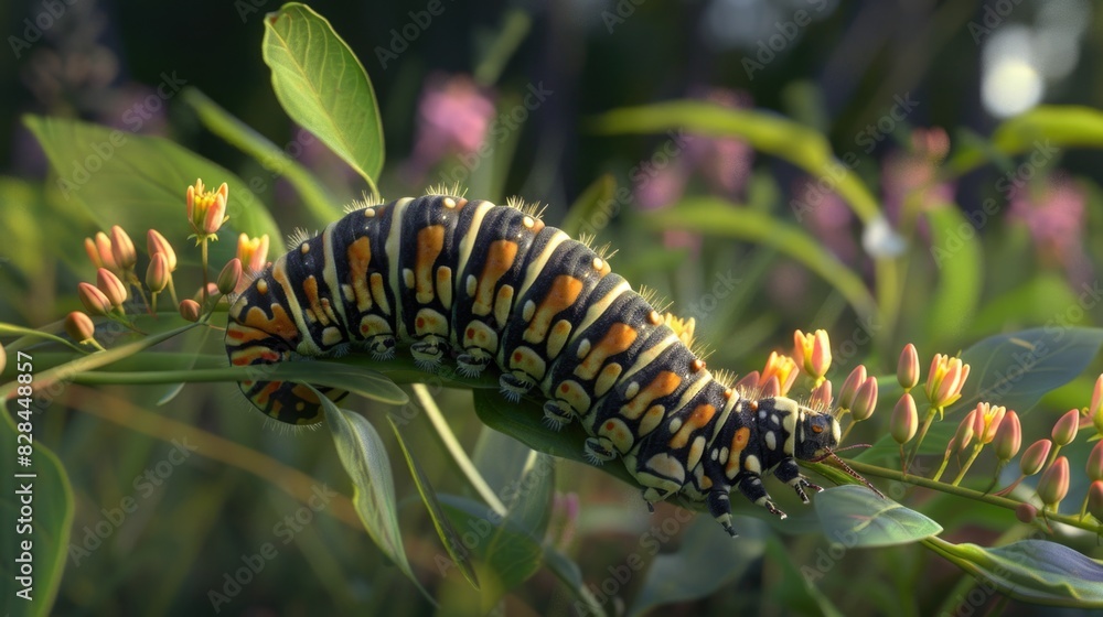 Close up of a caterpillar on a green plant. Ideal for nature and wildlife themes