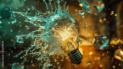 A close-up of a light bulb shattering with water splashing around, set against a blurred, colorful background. © kittikunfoto