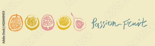 Passion fruit vector drawing in hand drawn style with rough charcoal and graphite texture. Color granadilla symbol for cosmetics, yogurt packaging, fruits puree labels. Hand lettering passion fruit