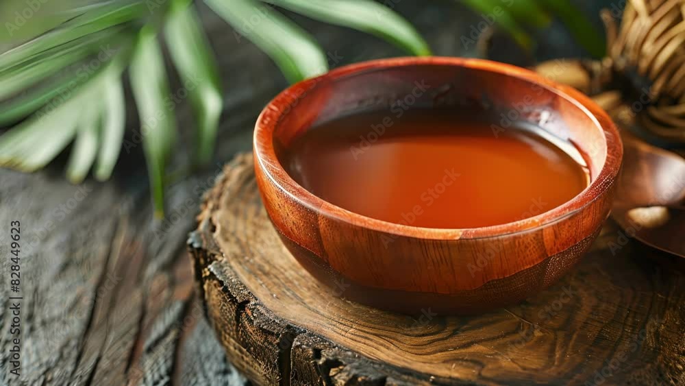 A rustic wooden bowl filled with red palm oil a staple in tropical cuisine boasting a distinct deep red color and a buttery flavor perfect for sautéing vegetables or marinating meats. A rustic wooden bowl filled with red palm oil a staple in tropical cuisine boasting a distinct deep red color and a buttery flavor perfect for sautéing vegetables or marinating meats.