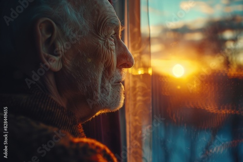 Man looking out window at the sun, suitable for various concepts and designs