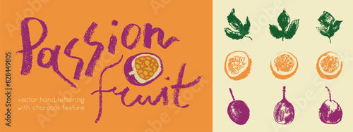 Passion fruit vector drawing in hand drawn style with rough charcoal and graphite texture. Color granadilla symbol for cosmetics, yogurt packaging, fruits puree labels. Hand lettering passion fruit
