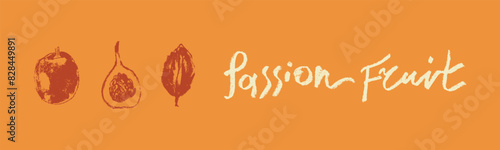 Passion fruit vector drawing in hand drawn style with rough charcoal and graphite texture. Color granadilla symbol for cosmetics, yogurt packaging, fruits puree labels. Hand lettering passion fruit