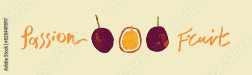 Passion fruit vector drawing in hand drawn style with rough charcoal and graphite texture. Color granadilla symbol for cosmetics, yogurt packaging, fruits puree labels. Hand lettering passion fruit
