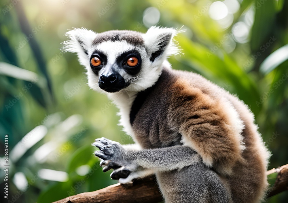 Obraz premium A playful Lemur catta strides confidently across a vibrant green lawn, its striking striped tail held high against a softly focused background of earthy rocks.